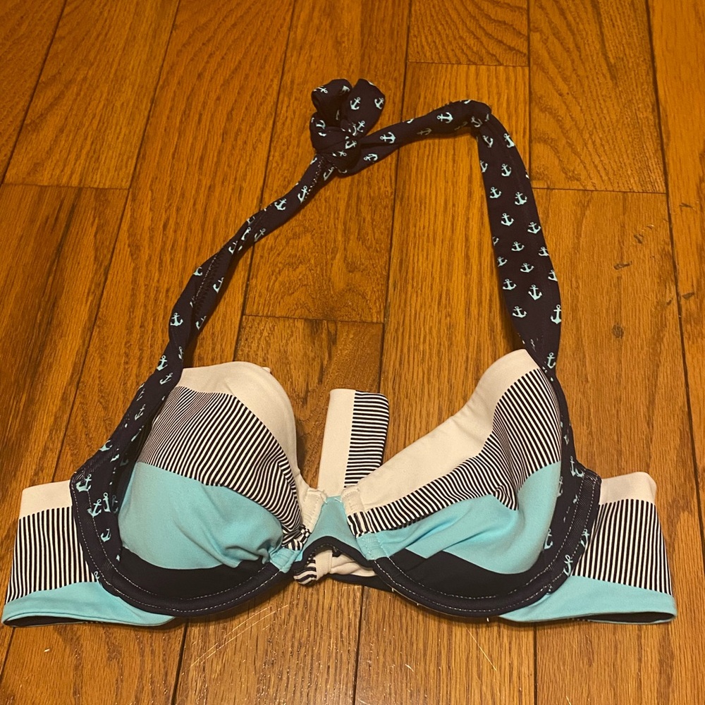 Tommy Bahama Blue White‎ Anchor Print Neck Tie Swim Bikini Top Size 34B